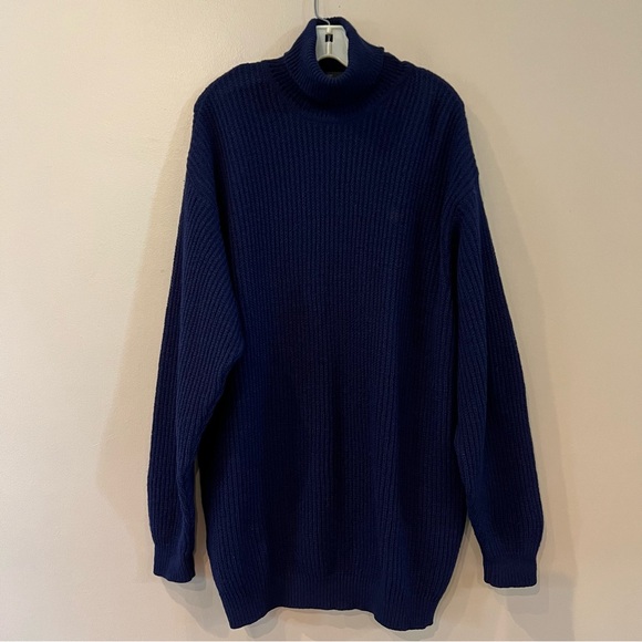 Vintage Pure Scottish Wool Tunic Sweater Navy Ribbed Slouchy Oversized Sz M - Picture 1 of 13